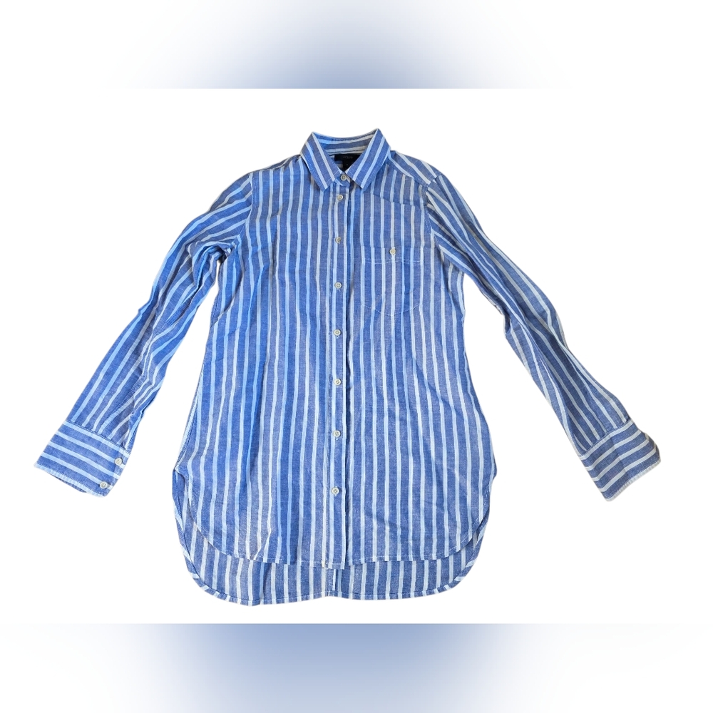 J. Crew Blue & White Striped Linen Blend Button Up Shirt Size 4